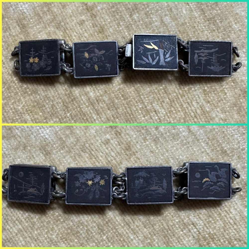 VINTAGE / ANTIQUE JAPANESE DAMASCENE BRACELET HANDMADE ARTISAN GOLD SILVER
